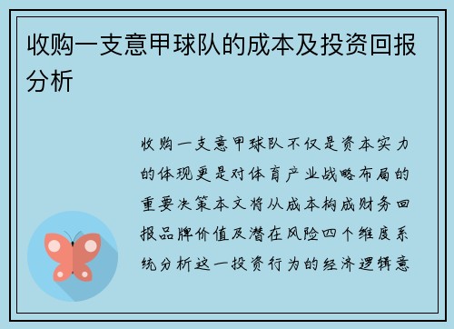 收购一支意甲球队的成本及投资回报分析