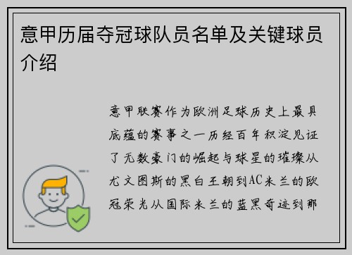 意甲历届夺冠球队员名单及关键球员介绍